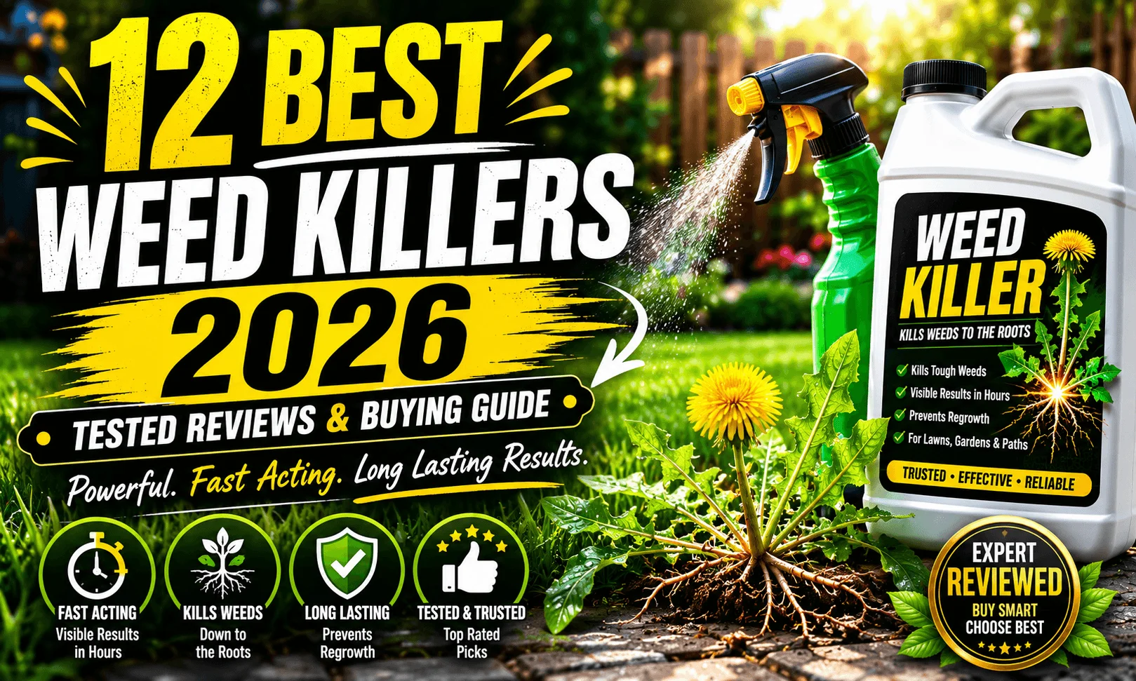 Premium WordPress feature image for ‘12 Best Weed Killers 2026 – Tested Reviews & Buying Guide’ featuring bold yellow headings, a lush green garden, healthy lawn, weed killer container, spray bottle, and dandelion weeds in a modern landscaping setting.